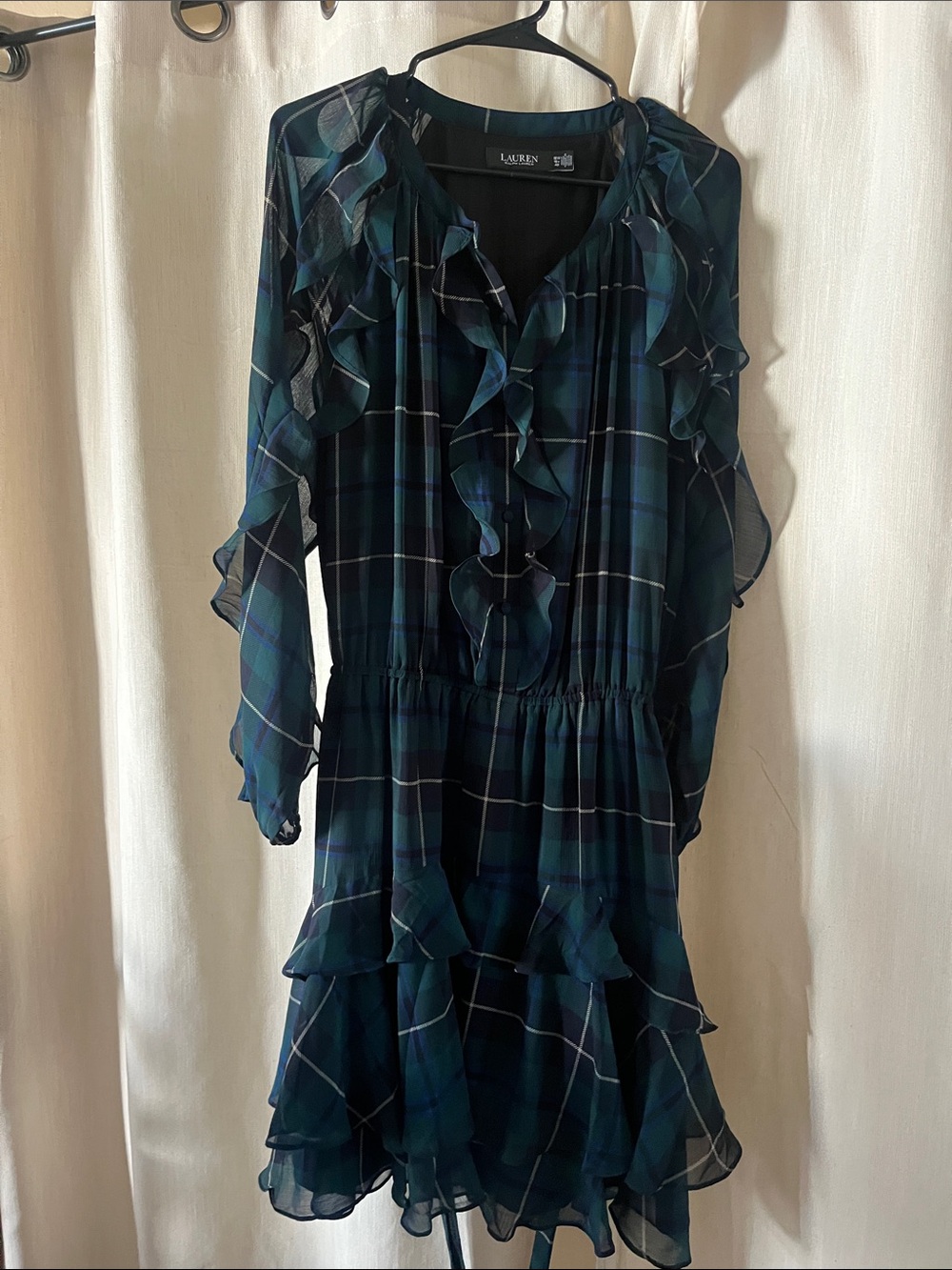 Lauren Ralph Lauren Navy and Green Plaid Ruffle Tiered Dress